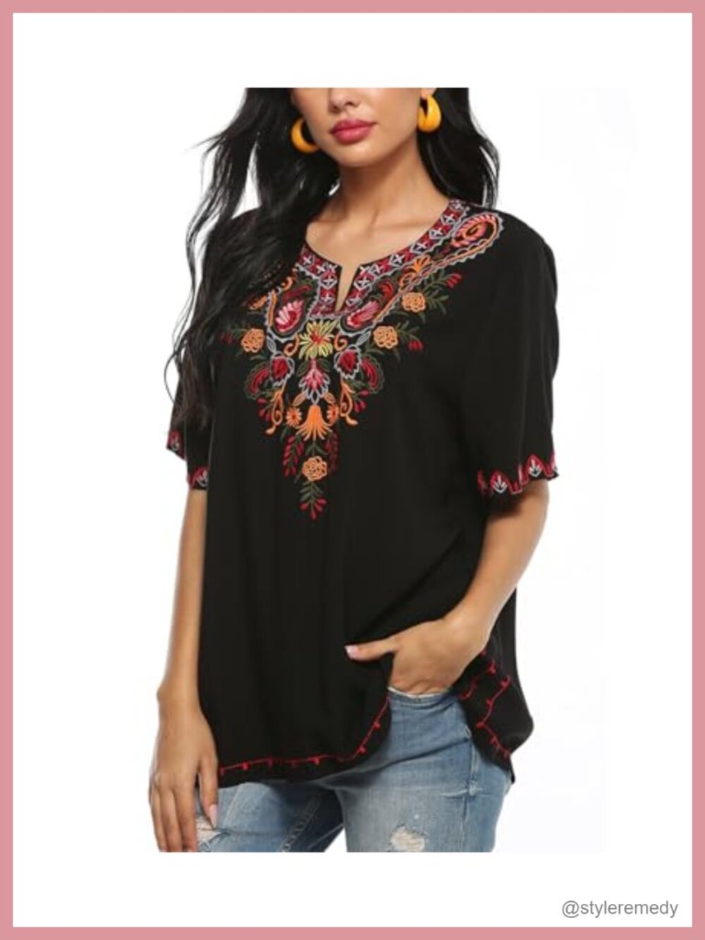 Mexican Embroidered Tunic Top Womens Rayon Peasant Blouse Floral Fiesta